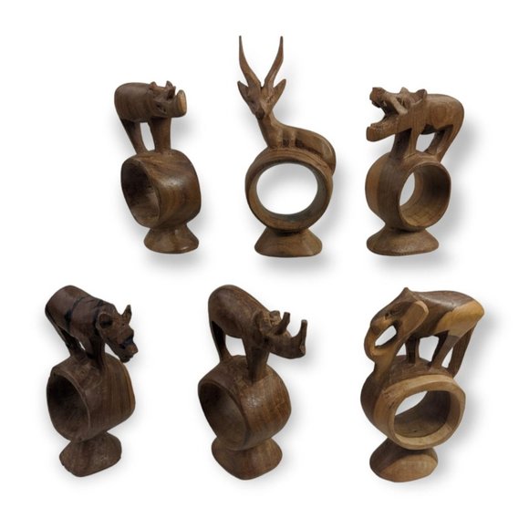Hand Crafted Wooden Safari Napkin Ring Set 6 Piece Set - Picture 1 of 9